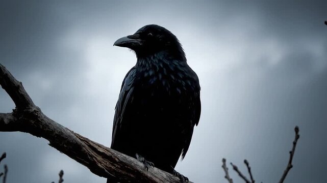 Mysterious Black Crow Perched on a Branch Against a Cloudy Sky.