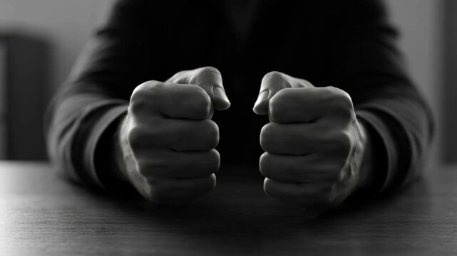 Close-up of human's clenched fists resting on a dark wooden table with dramatic lighting for anger management concept and intense frustration