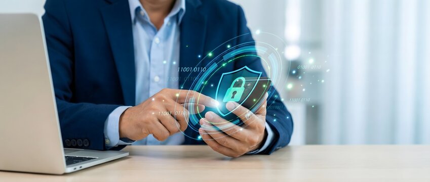 A focused businessman holds a smartphone, interacting with a glowing digital security shield icon surrounded by binary code.