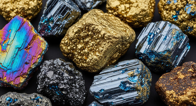 Assortment of precious and semi-precious mineral specimens including iridescent chalcopyrite, crystalline pyrite, and metallic ores with vibrant blue accents, arranged on a dark matte surface.