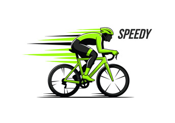 Fototapeta premium Dynamic illustration of a cyclist riding a neon green bicycle with speed lines and 