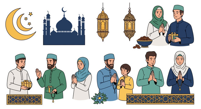 A set of flat vector cartoon illustrations featuring diverse people, including men, a woman, business characters, a doctor, and kids, designed as isolated comic art icons and symbols