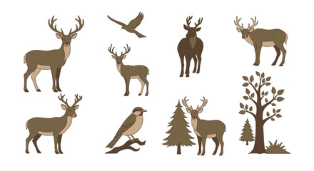 Fototapeta premium Deer silhouette set featuring wild animals and forest wildlife vector illustration with antlers and nature theme