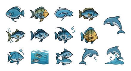 Cartoon sea animals set illustration of fish shark dolphin whale turtle octopus starfish underwater ocean seamless pattern vector design © nisrinaicca