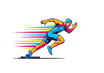Fototapeta premium Dynamic male athlete sprinting from a starting block with vibrant speed lines on a white background
