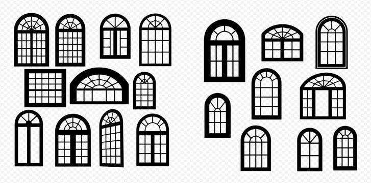 Collection of various black silhouette window frames, including arched, square, and rectangular designs, isolated on a transparent background.