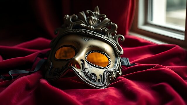 amrit. Ornate Venetian mask resting on dark velvet fabric, soft light highlighting its decorative details. event programs, museum guides, designed for cultural heritage projects and event programs.