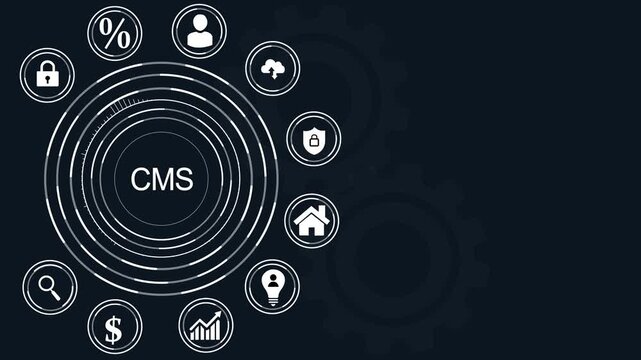 Digital CMS concept with interconnected icons and dot background.CMS, content management system, digital, technology, business, strategy.4k Animation.
