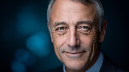 Obraz premium Porträt eines selbstbewussten reiferen Geschäftsmannes vor blauem Hintergrund – Business