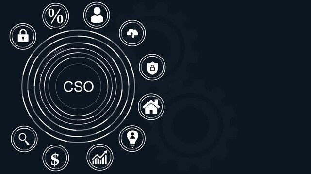 CSO acronym in center of hexagonal diagram with business icons on dark blue digital dot background, abstract circles and gears background.4k Animation.