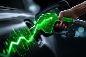 Hand hält Zapfpistole vor digitalem grünen Börsenchart – Energie und Finanzen