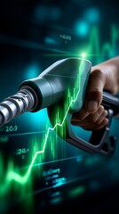 Hand hält Zapfpistole vor digitalem grünen Börsenchart – Energie und Finanzen