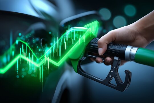Hand h&auml;lt Zapfpistole vor digitalem gr&uuml;nen B&ouml;rsenchart &ndash; Energie und Finanzen