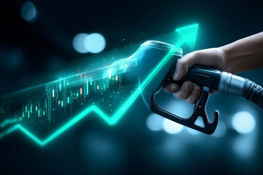 Hand h&auml;lt Zapfpistole vor digitalem gr&uuml;nen B&ouml;rsenchart &ndash; Energie und Finanzen