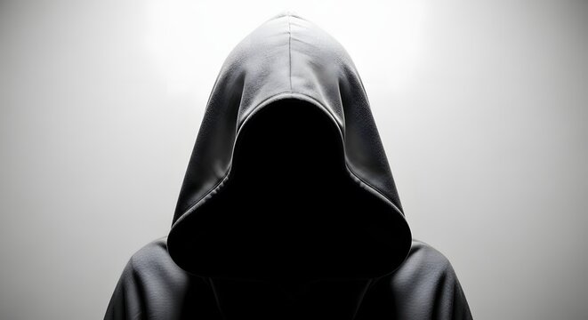 Hooded figure obscuring face in shadow