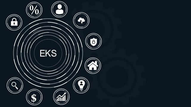 Digital EKS concept with global network and business icons on dark background Keywords: EKS, elastic Kubernetes service, cloud computing.4k Animation.
