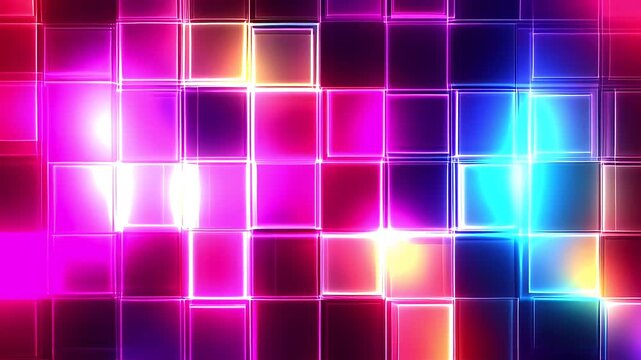 Vibrant neon grid pattern with colorful lights and reflections.