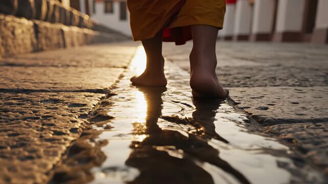 Barefoot Monk Walks Down Stone Steps Reflecting Golden Sunset Light on Wet Pavement