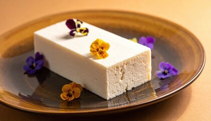 Delicate White Dessert Slice Adorned with Edible Flowers on a Dark Plate