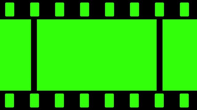 Film strip frame on green screen. Black film strip with rounded rectangular perforations against a chroma key background. The minimalistic 35mm negative design is for video editing, overlays