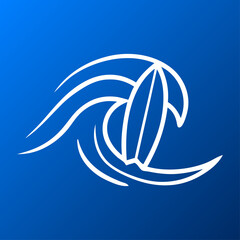 Vacaciones en la playa. Logo club de surf. Dibujo con líneas de una tabla de surf con olas de mar en fondo azul degradado  © teracreonte