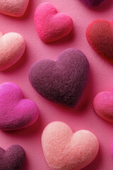 Obraz premium Close Up Of Handcrafted Wool Felt Hearts In Magenta Purple And Pink Tones