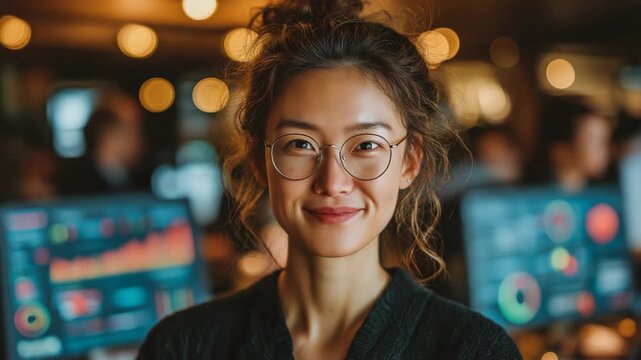 Young nerdy Asian computer engineer smiling to camera at a busy office with screens showing code, representing modern software development and tech workplace lifestyle.