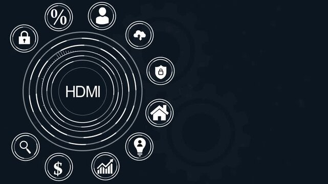 HDMI Technology Concept with Global Network and Business Icons on Dark Background HDMI digital, abstract circles and gears background.4k Animation.