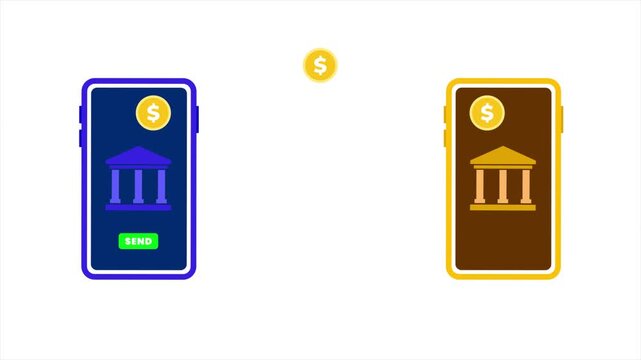 Online digital payment transfer from bank to bank animation on white background, Dollar transfer bank to bank with successful message