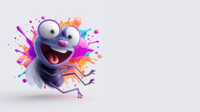 S&uuml;&szlig;e 3D-Cartoon-Fliege mit gro&szlig;en Augen und bunten Farbklecksen auf wei&szlig;em Hintergrund