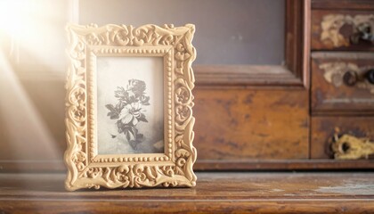 Ornate Carved Ivory Miniature Portrait Frame with Intricate Scrollwork and Floral Motifs on Wooden Surface
