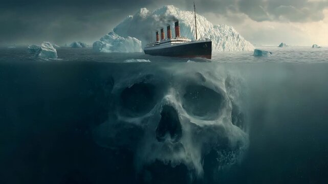 A passenger ocean liner sailing across a cold dark sea, a giant skull partially submerged at the ocean surface, massive iceberg rising behind it, eerie atmosphere, dramatic lighting