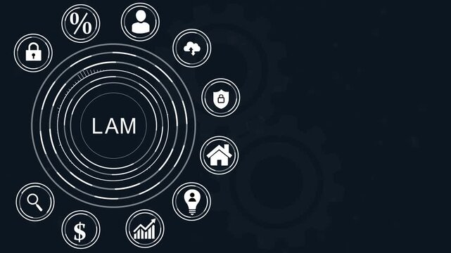 IAM concept with icons and dot on dark background identity and access management security, abstract circles and gears background.4k Animation.