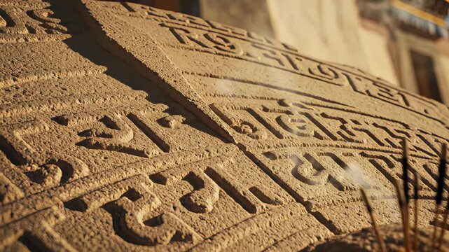 Close Up Of A Sandstone Structure With Incised Sanskrit Script Under Warm Sunlight With Subtle Smoke Wisps Rising From Incense Sticks In The Foreground And A Blurred Building In The Background