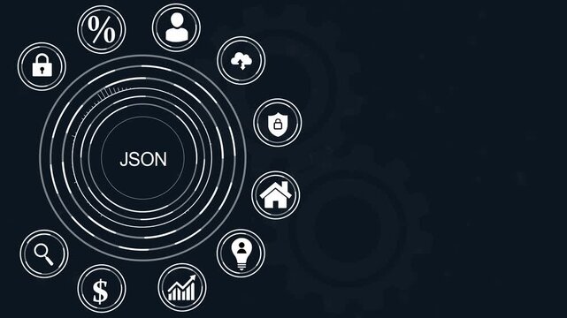 JSON acronym with business icons and dot on dark blue background JSON finance, abstract circles and gears background.4k Animation.