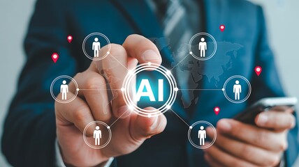 Obraz premium AI Network Concept Human Icons Connected Around a Central AI Hub Displayed on a Digital Interface