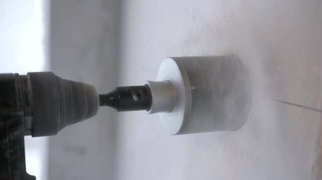 Close-up drilling of wall with circular bit for mounting electrical outlet boxes in apartment renovation.