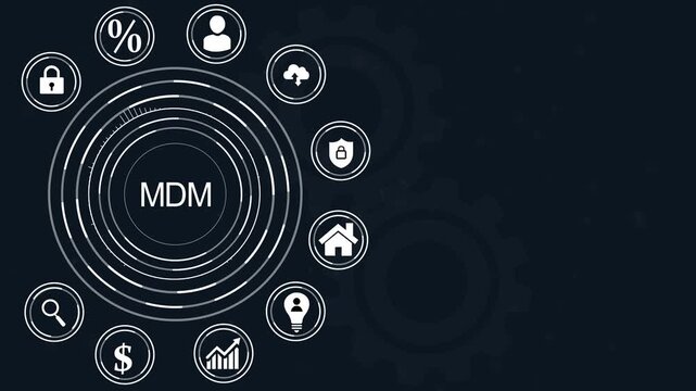 Business concept diagram with MDM text and interconnected icons on a digital dot background education, abstract circles and gears background.4k Animation.