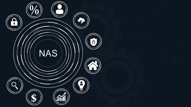 Network attached storage concept with NAS acronym and business icons on dot background data, abstract circles and gears background.4k Animation.