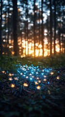 Obraz premium Magical Glowing Flowers in a Dark Forest at Dusk with Sunbeams