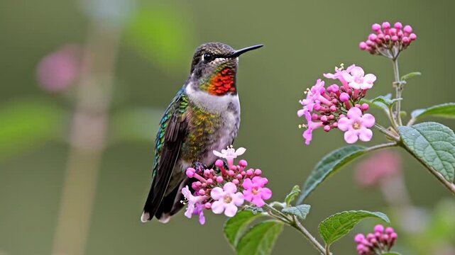 Ruby throated hummingbird perched on pink flowers in garden.