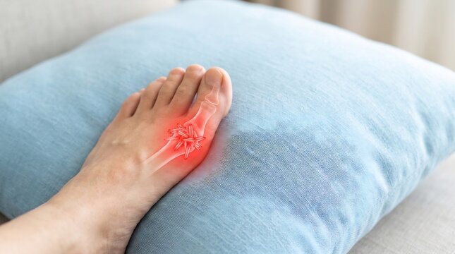 Overhead view of a human foot resting on a large, light blue cushion highlights the painful area of the forefoot depicted with bright red visual indicators of bone or joint distress.
