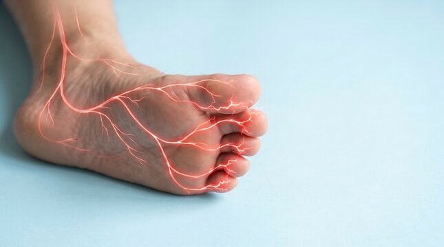 Human foot sole displays glowing red circulatory system network illustrating peripheral neuropathy or circulation issues against a light blue background.