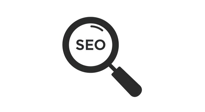 An illustration of a magnifying glass with SEO text appears on a screen
