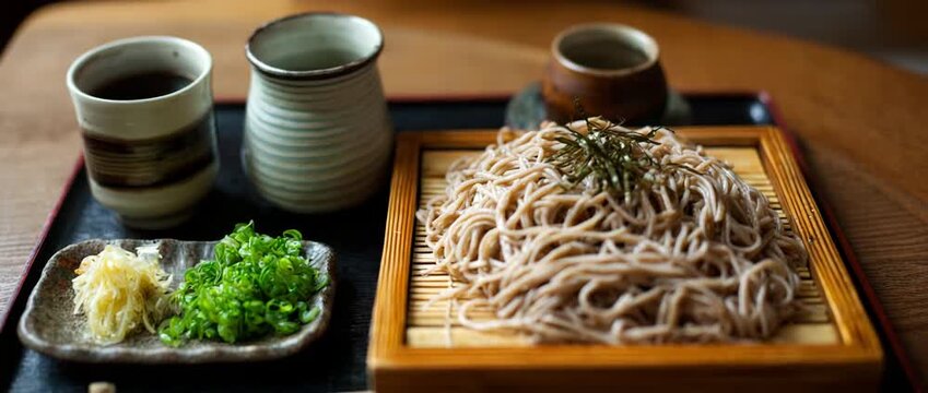 A traditional Japanese soba noodle dish served on a bamboo tray with dipping sauce, green onions, and wasabi.