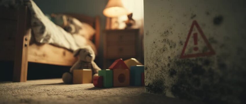 Black mold growing on a damp interior wall with a warning sign, highlighting potential health hazards in a home environment.