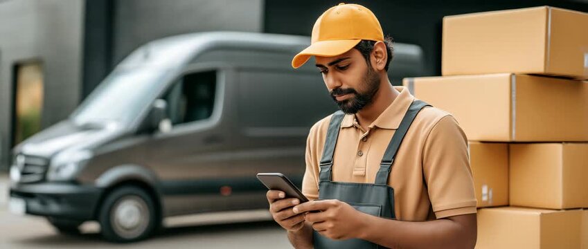 Delivery driver checking packages by cargo van, Concept of logistics management, parcel delivery service
