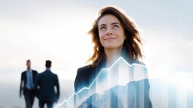 Visionary Woman Leading the Way: A determined businesswoman gazes towards the horizon, symbolizing aspiration and foresight, with a graph of the stock market