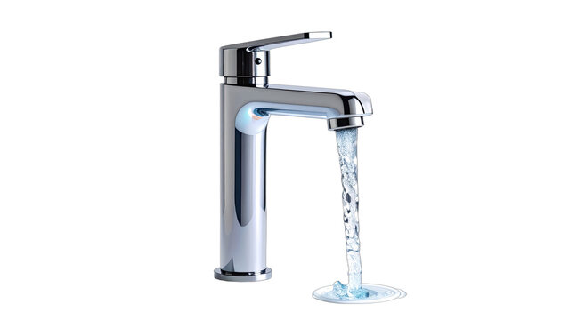 Modern chrome faucet dispensing a stream of clear water against a black background.