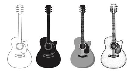 Naklejka premium Four distinct styles of acoustic guitars displayed side by side on a white background